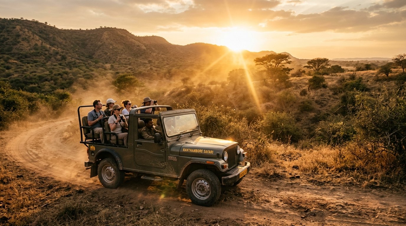 Custom safari vehicle crossing mountain trail at sunrise