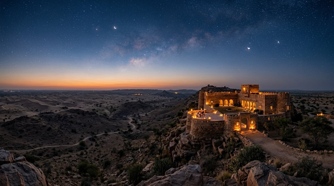 Tranquil Rajasthan wilderness outpost under starry twilight sky