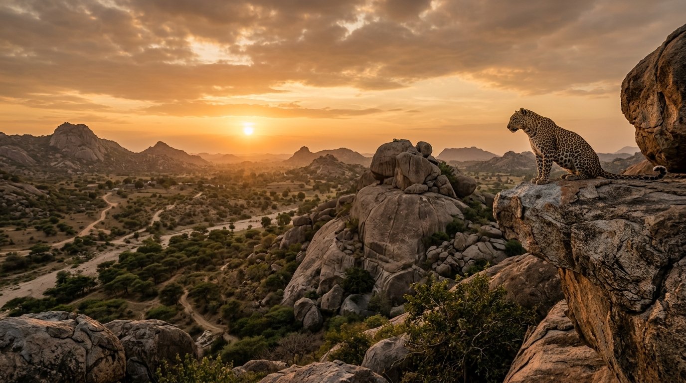 Majestic leopard perched atop ancient granite rocks in Jawai, Rajasthan