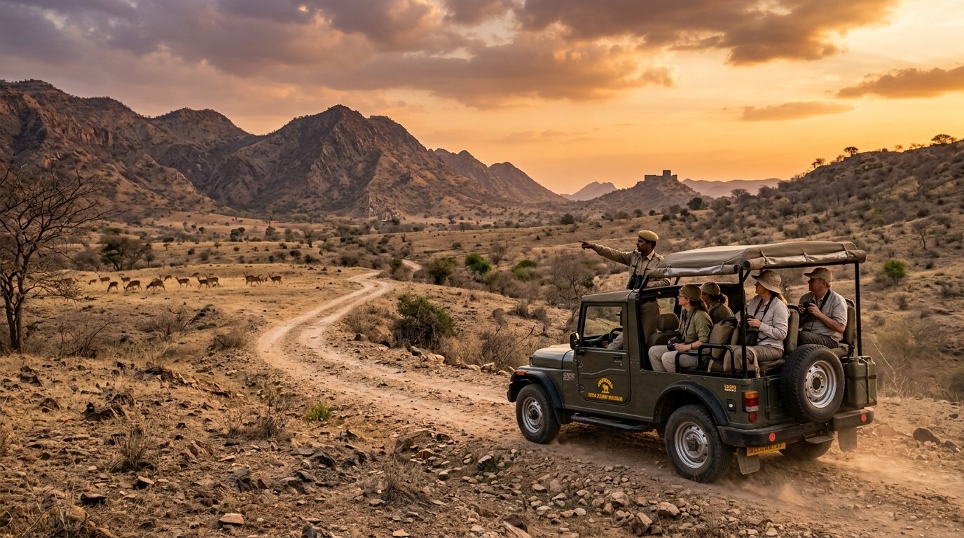 Luxury 4x4 safari expedition traversing Rajasthan wilderness at golden hour