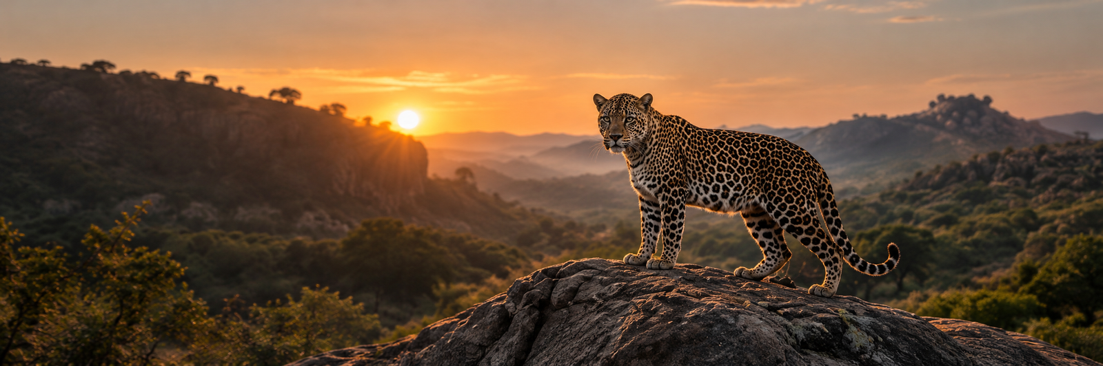 Leopard standing on cliff overlooking Rajasthan sunset wilderness
